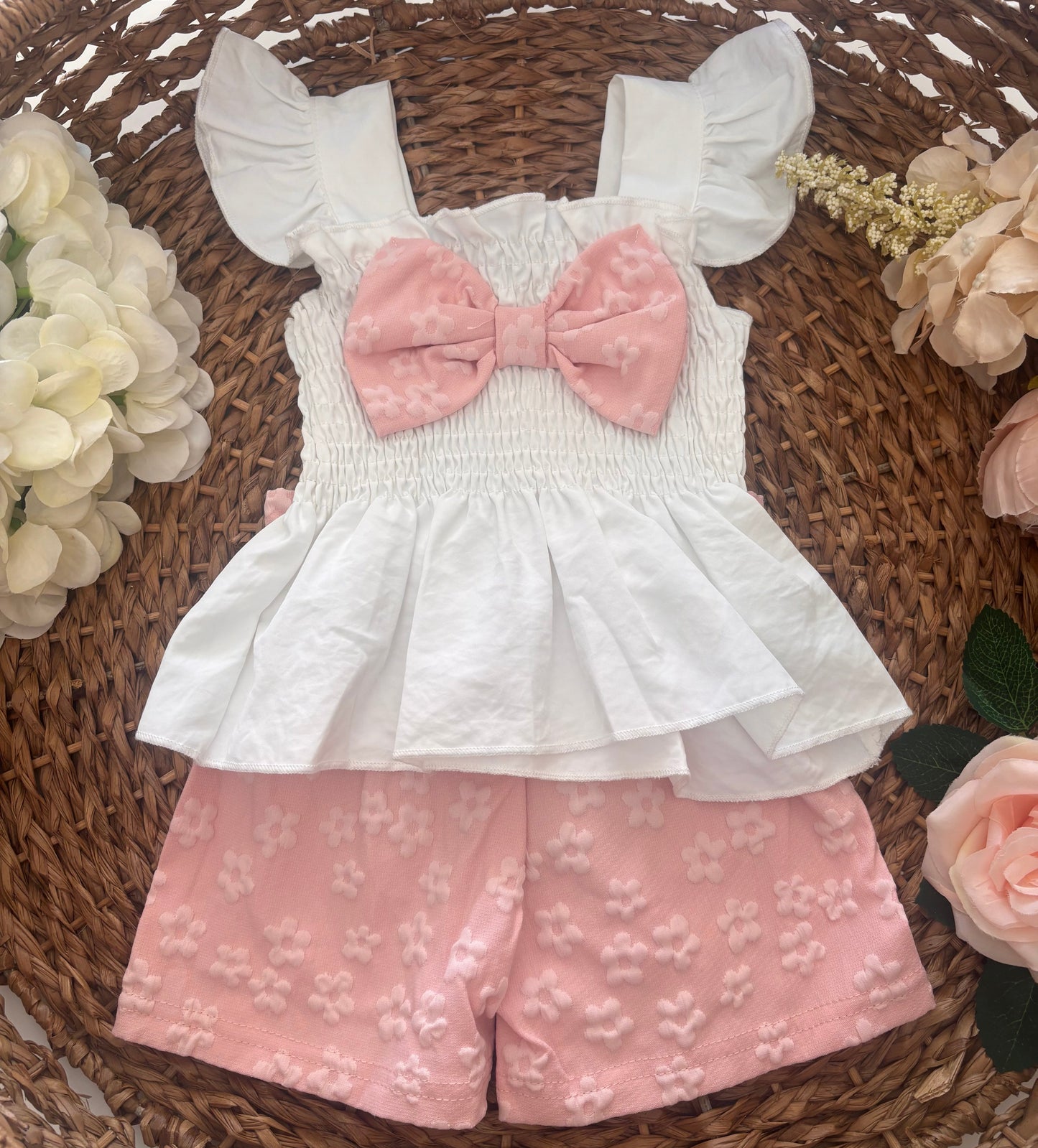 Pink bow shorts set